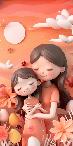 Dreamy Landscape of Mother and Daughter Hugging in Cartoonish Style