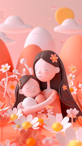 Dreamy Illustration of Mother and Daughter Hugging in Flower-filled Landscape