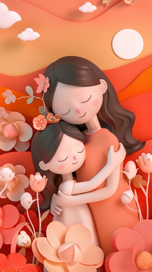 3D illustration of a cute mother and daughter hugging each other, surrounded by flowers and eggs in the style of dreamy landscapes with soft atmospheric perspective, vibrant orange and pink 5468 stage backdrops, childlike innocence and charm with cartoonish character design featuring bold shapes and cute characters against a pink background with a simple white sun in the sky resembling paper cutouts from 2d game art. 访客55468