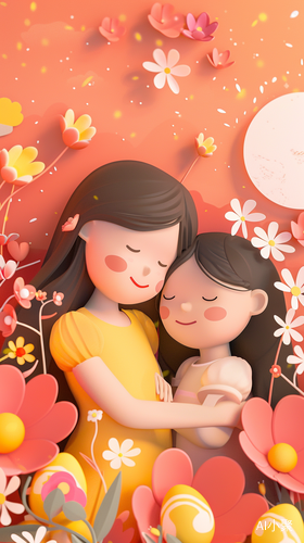 Dreamy Illustration of Mother and Daughter Hugging in Flower-filled Landscape