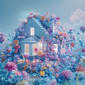 A house, 3D stereoscopic Ice material Interior light blue Conceptual product design Futuristic Blind box toy Handcrafted Exquisite 3D effect Full body display Ultra-high precision Ultra-detailed Perfect lighting OC Renderer Blender 8k Ultra-sharp Ultra-noise reduction，The surface is covered with colorful flowers。