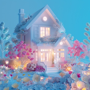 A house, 3D stereoscopic Ice material Interior light blue Conceptual product design Futuristic Blind box toy Handcrafted Exquisite 3D effect Full body display Ultra-high precision Ultra-detailed Perfect lighting OC Renderer Blender 8k Ultra-sharp Ultra-noise reduction，The surface is covered with colorful flowers。