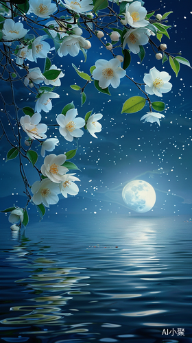 Beautiful White Flowers on Water with Moonlight Reflection