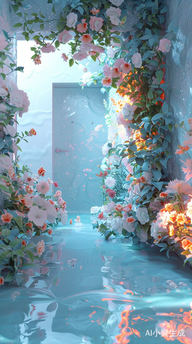 3D Stereoscopic Ice Material House with Colorful Flower Surface