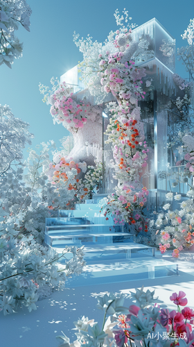 3D Stereoscopic Ice Material House with Colorful Flower Surface