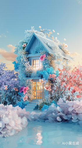 3D Stereoscopic Ice Material House with Colorful Flower Surface
