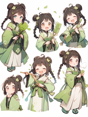 小女孩，绿色交领汉服，双麻花辫，绿色头巾古典精致，全身图，chibi，9种姿势和表情，emoticons[头晕、高兴、生气、哭泣、悲伤、可爱、期待、大笑、失望和害羞、困倦、吃饭、头晕、表达爱意，等]，拿着扫把，线条艺术，贴纸艺术，白色背景