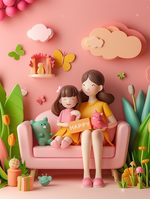 A mother and daughter sat on the sofa in the garden, and the two opened a gift boxwith a happy label, The style was pop mart blind box, 3D rendering, cartoon, pinkbackground, soft color scheme, bright colors, cute clay characters, miniaturesculptures, and miniature models, The scene includes plants, flowers, furniture,trees, clouds, grass, butterflies, birds, dogs, cats, and flowers, niji 6