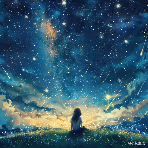 女孩仰望星空，流星划过
