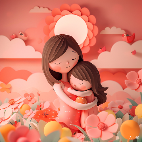 Dreamy 3D Illustration: Mother and Daughter in Colorful Landscape