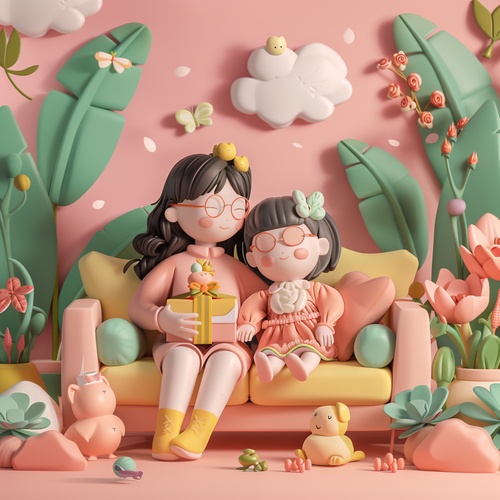 A mother and daughter sat on the sofa in the garden, and the two opened a gift boxwith a happy label, The style was pop mart blind box, 3D rendering, cartoon, pinkbackground, soft color scheme, bright colors, cute clay characters, miniaturesculptures, and miniature models, The scene includes plants, flowers, furniture,trees, clouds, grass, butterflies, birds, dogs, cats, and flowers, niji 6