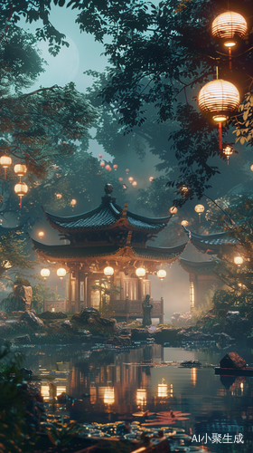 Chinese Style Building with Lanterns and Old Man