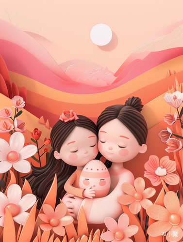 Dreamy 3D illustration of a cute mother and daughter embracing in a flower-filled landscape