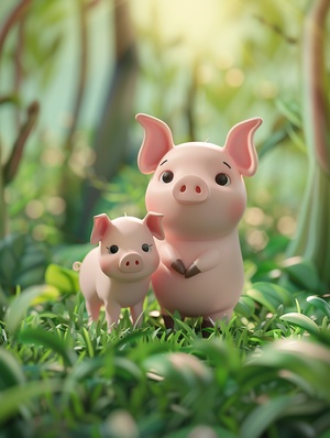 A pair of adorable pig mother and piglet stand amidst a lush forest. Their expressions convey gentleness, set against a softly hued backdrop with warm lighting effects. Rendered in pastel-colored, 3D clay-style icons, the visual composition has a width of 750 pixels, with a vertical-to-horizontal ratio of 3:4, and plays at a frame rate of 6.0 frames per second.粘土，巧妙的配色，