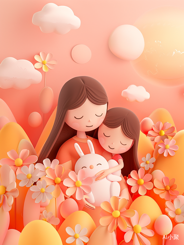 Dreamy 3D Illustration of Mother and Daughter Hugging