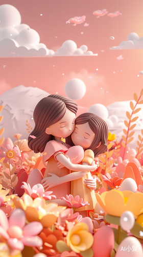 Dreamy 3D Illustration: Mother and Daughter Hugging in Flower-Filled Landscape