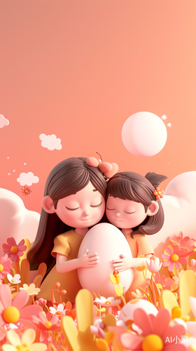 Dreamy 3D Illustration: Mother and Daughter Hugging in Flower-Filled Landscape