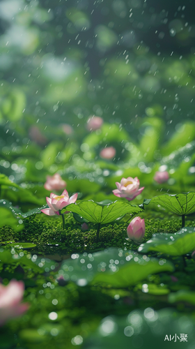 雨后的河岸，绿色的荷花和青苔