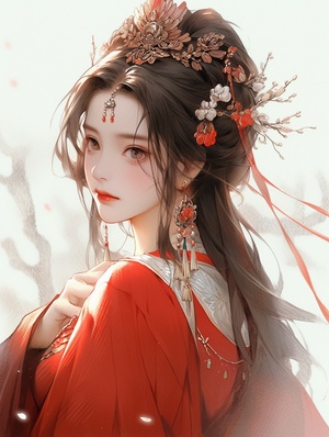 浪漫古风，女性，长公主，身穿红色汉服，腰带上镶嵌了几颗宝石，头饰高贵，发钗，有长流苏，精致的脸蛋，肌肤胜雪，霸气侧漏，长相是中式的，正面照，全身照