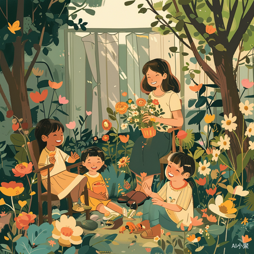 Joyful Family Gathering in Colorful Garden