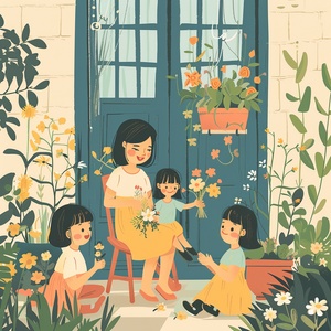 In the yard , an mother sits on a chair , holding flowers and smiling , her children are beside her , talking and laughing , surrounded by a garden full of flowers , a flat style illustration drawn with colored lines ,64K ar 3:4 s 1000- niji 6