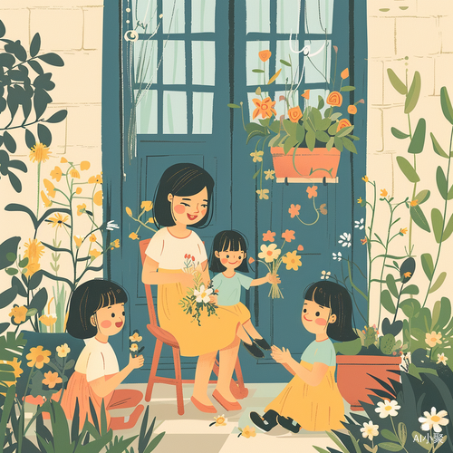 Joyful Family Gathering in Colorful Garden