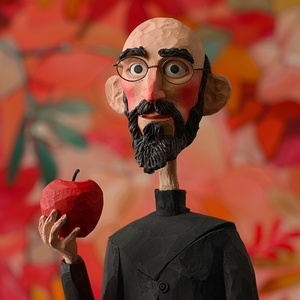 Claymation portrait of Steve Jobs, holding an apple, abstract claymation, Shaun the Sheep style, Malika Favre style ar 3:4