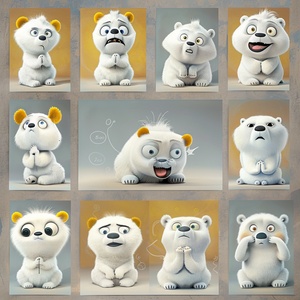 Nine pictures, various postures and expressions,Gray, lovely, polar bear, big round eyes, yellow ears,3D cartoon style, Happy, sad, angry, say hello, say yes, express gratitude, depressed, thinking, embarrassed,duy huynh，caninecore，strong composition, soft colors, high resolution ,A clean background,8k ar 1:1 s 800 niji 6