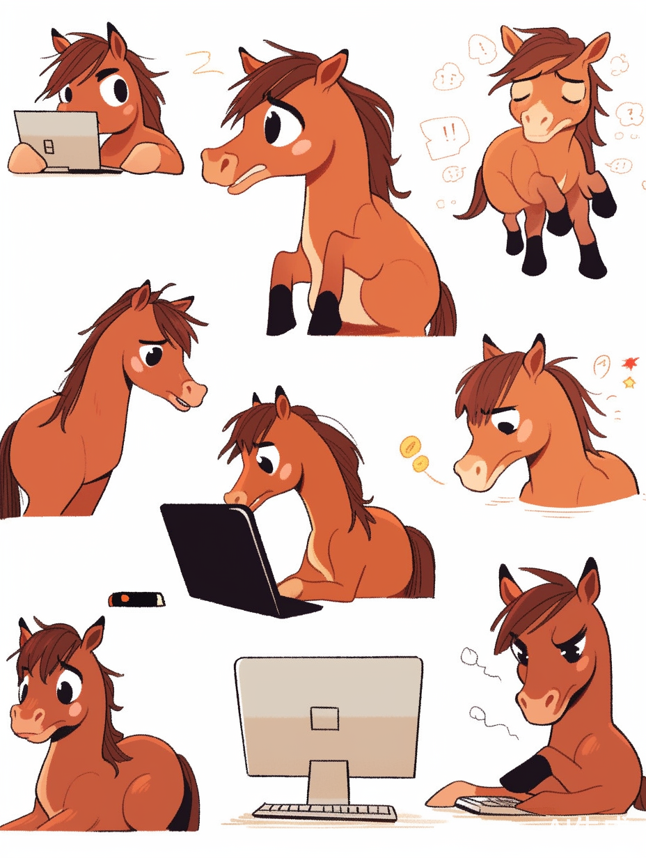 九个姿势和表情的马电脑插图：线条艺术的简约表情包