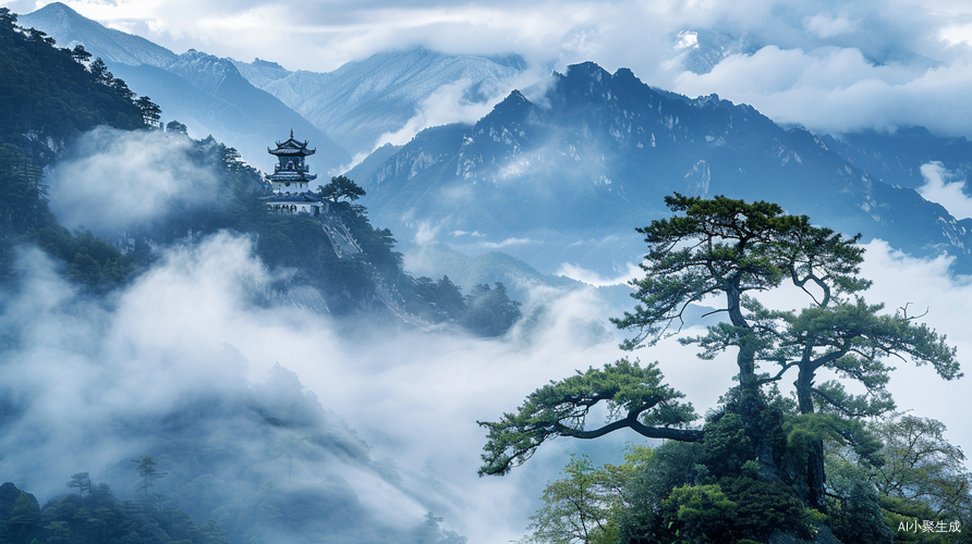雪山下的绿色青松