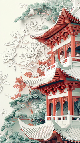 Traditional Chinese Architecture and Oriental Landscape Painting with Dreamy 4K Paper Kirigami Craft and Chinese Illustration on White Background