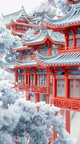 Traditional Chinese Architecture and Oriental Landscape Painting with Dreamy 4K Paper Kirigami Craft and Chinese Illustration on White Background