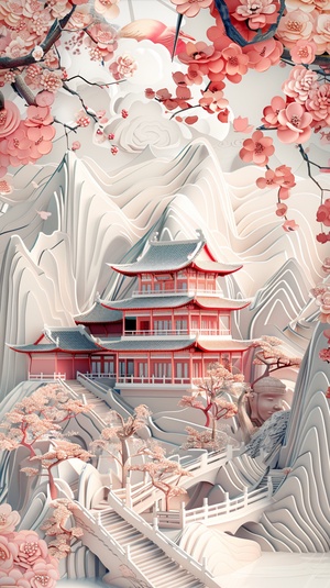 Traditional Chinese architecture, Oriental landscape painting, Multi - dimensional paper kirigami craft, paper illustration, Chinese illustration on white background, above super wide angle, dreamy, 4K, romantic, trending on Artstation, spring, 3d relief s 300 ar 3:4