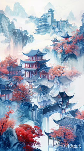 Traditional Chinese Architecture and Oriental Landscape Painting with Dreamy 4K Paper Kirigami Craft and Chinese Illustration on White Background