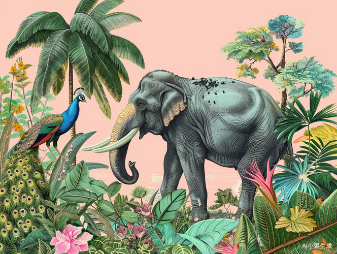 插画中的傣族大象和热带植物孔雀
