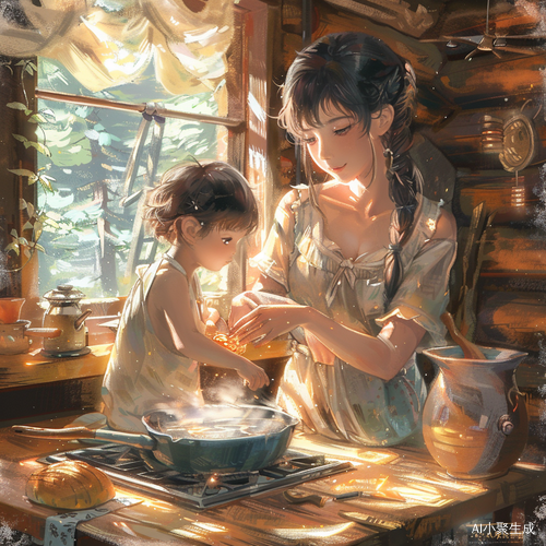 原木装修风格的房子里的年轻漂亮妈妈