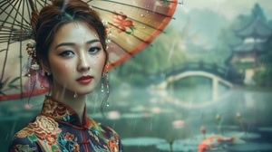 rainy day, woman with a vintage paper umbrella, traditional Chinese silk cheongsam with intricate embroidery, elegant and serene expression, delicate porcelain skin, soft lighting with a warm glow, subtle raindrops effect on her smooth forehead, Chinese garden backdrop with bamboo grove, tranquil atmosphere, misty and serene lake with lotus flowers, koi fish swimming, realistic style with a touch of dreamy watercolor, floating willow leaves on the water's surface, ancient stone bridge, distant mountains