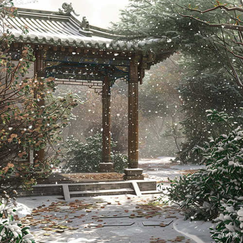 Traditional Chinese Style Garden in Snow