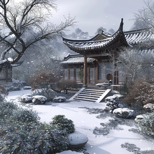 Traditional Chinese Style Garden in Snow