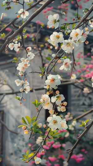 梅花在延伸的树枝上绽放，周围是郁郁葱葱的绿色叶子，呈现出色彩。 背景是浅灰色的石墙房屋，描绘了精致的纹理和轮廓。 通过光滑的纹理以柔和而独特的色彩装饰，它像一件艺术品一样完美表达，舒适而神秘，赋予它迷人的魅力。 路边灯光下的三色玫瑰是白色、浅绿色和粉红色的，细节非常明显。 色彩变化丰富，图片生动，形状独特。 我从未见过如此美丽的花，非常美丽，非常真实，真的很美，我不敢相信它如此美丽，超级真实，体积光，照明，中等长焦镜头，超级真实，超高清和准确，超详细