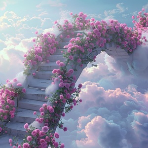 s.mj.runYSGbTI4AC4o a bridge to the clouds, the bridge is covered with pink roses. cartoon realistic style, animated gif ar 9:16