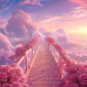 s.mj.runYSGbTI4AC4o a bridge to the clouds, the bridge is covered with pink roses. cartoon realistic style, animated 电影大片的宏大场景，电影大片的色彩艺术效果，电影大片的视觉冲击力，电影大片的震慑力度gif ar 9:16