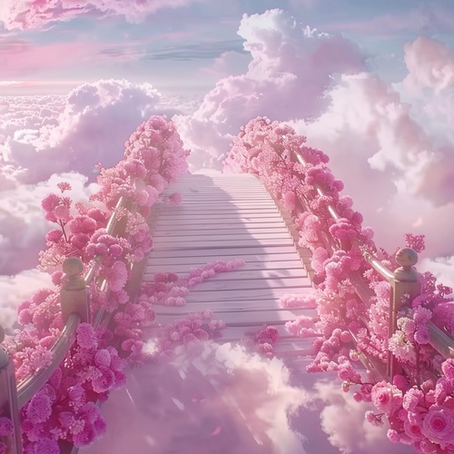 s.mj.runYSGbTI4AC4o a bridge to the clouds, the bridge is covered with pink roses. cartoon realistic style, animated 电影大片的宏大场景，电影大片的色彩艺术效果，电影大片的视觉冲击力，电影大片的震慑力度gif ar 9:16