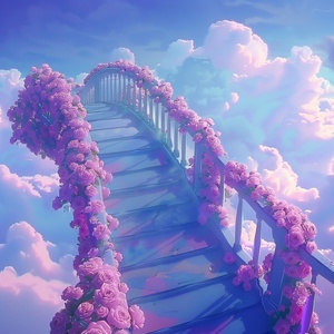 s.mj.runYSGbTI4AC4o a bridge to the clouds, the bridge is covered with pink roses. cartoon realistic style, animated 电影大片的宏大场景，电影大片的色彩艺术效果，电影大片的视觉冲击力，电影大片的震慑力度gif ar 9:16