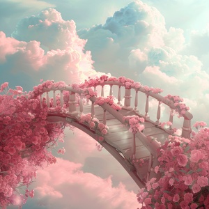 s.mj.runYSGbTI4AC4o a bridge to the clouds, the bridge is covered with pink roses. cartoon realistic style, animated 电影大片的宏大场景，电影大片的色彩艺术效果，电影大片的视觉冲击力，电影大片的震慑力度gif ar 9:16