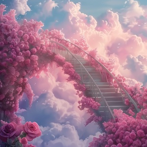 s.mj.runYSGbTI4AC4o a bridge to the clouds, the bridge is covered with pink roses. cartoon realistic style, animated 电影大片的宏大场景，电影大片的色彩艺术效果，电影大片的视觉冲击力，电影大片的震慑力度gif ar 9:16