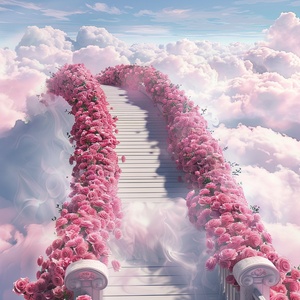 s.mj.runYSGbTI4AC4o a bridge to the clouds, the bridge is covered with pink roses. cartoon realistic style, animated 电影大片的宏大场景，电影大片的色彩艺术效果，电影大片的视觉冲击力，电影大片的震慑力度gif ar 9:16