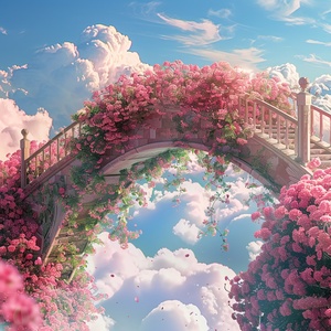 s.mj.runYSGbTI4AC4o a bridge to the clouds, the bridge is covered with pink roses. cartoon realistic style, animated 电影大片的宏大场景，电影大片的色彩艺术效果，电影大片的视觉冲击力，电影大片的震慑力度gif ar 9:16