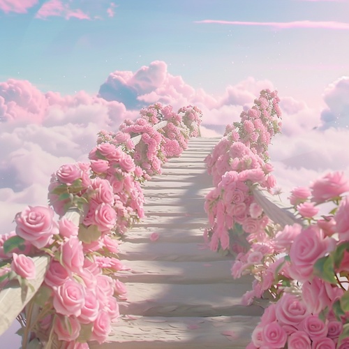 s.mj.runYSGbTI4AC4o a bridge to the clouds, the bridge is covered with pink roses. cartoon realistic style, animated 电影大片的宏大场景，电影大片的色彩艺术效果，电影大片的视觉冲击力，电影大片的震慑力度gif ar 9:16