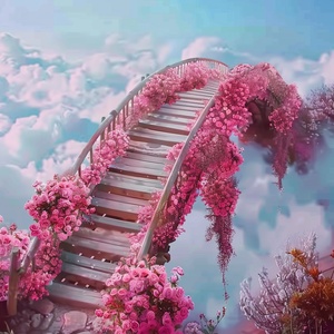 s.mj.runYSGbTI4AC4o a bridge to the clouds, the bridge is covered with pink roses. cartoon realistic style, animated 电影大片的宏大场景，电影大片的色彩艺术效果，电影大片的视觉冲击力，电影大片的震慑力度gif ar 9:16